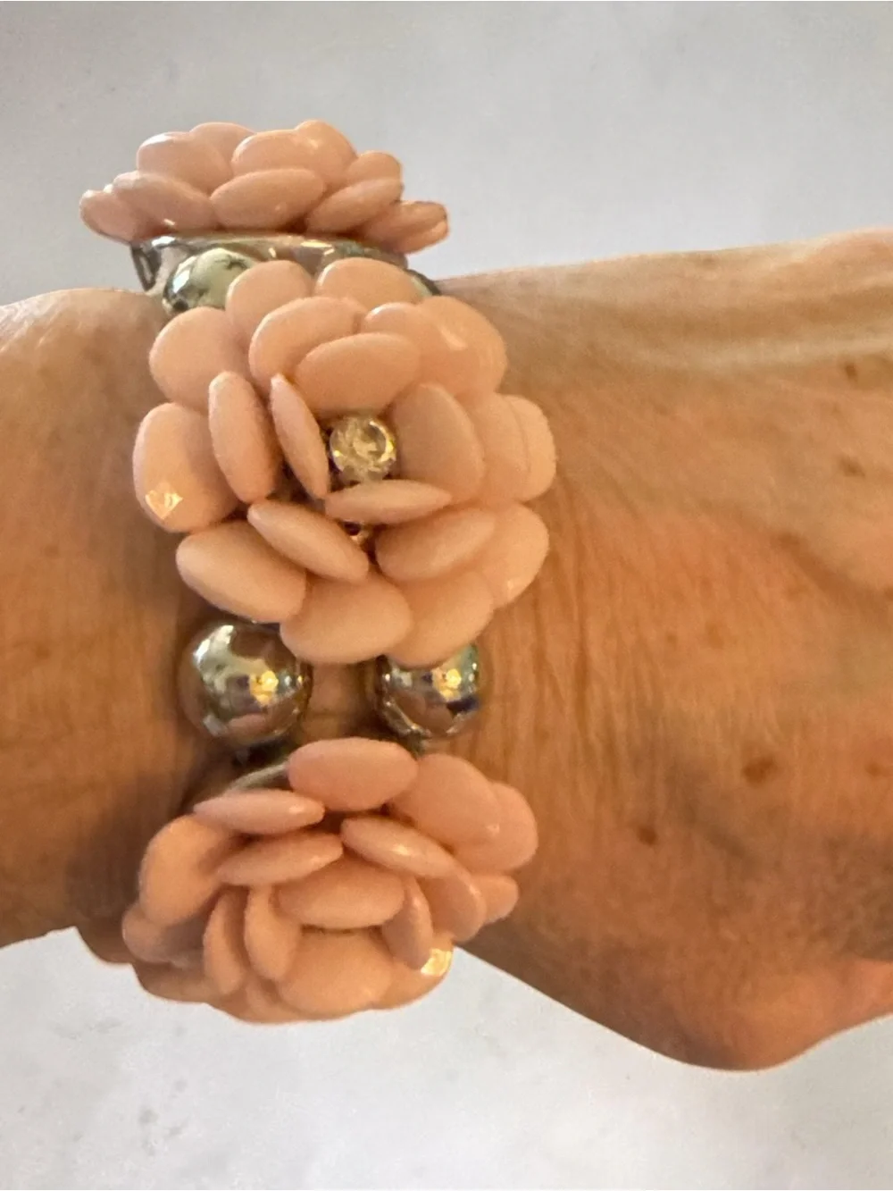Vintage Blush Flower Stretch Bracelet Silver Tone Statement Costume Jewelry